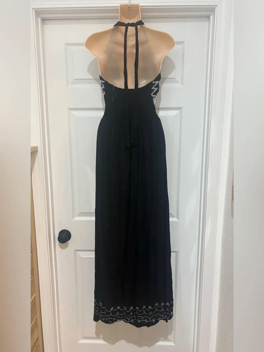 Black Halter Maxi Dress with White Crochet Trim - Picture 4 of 5